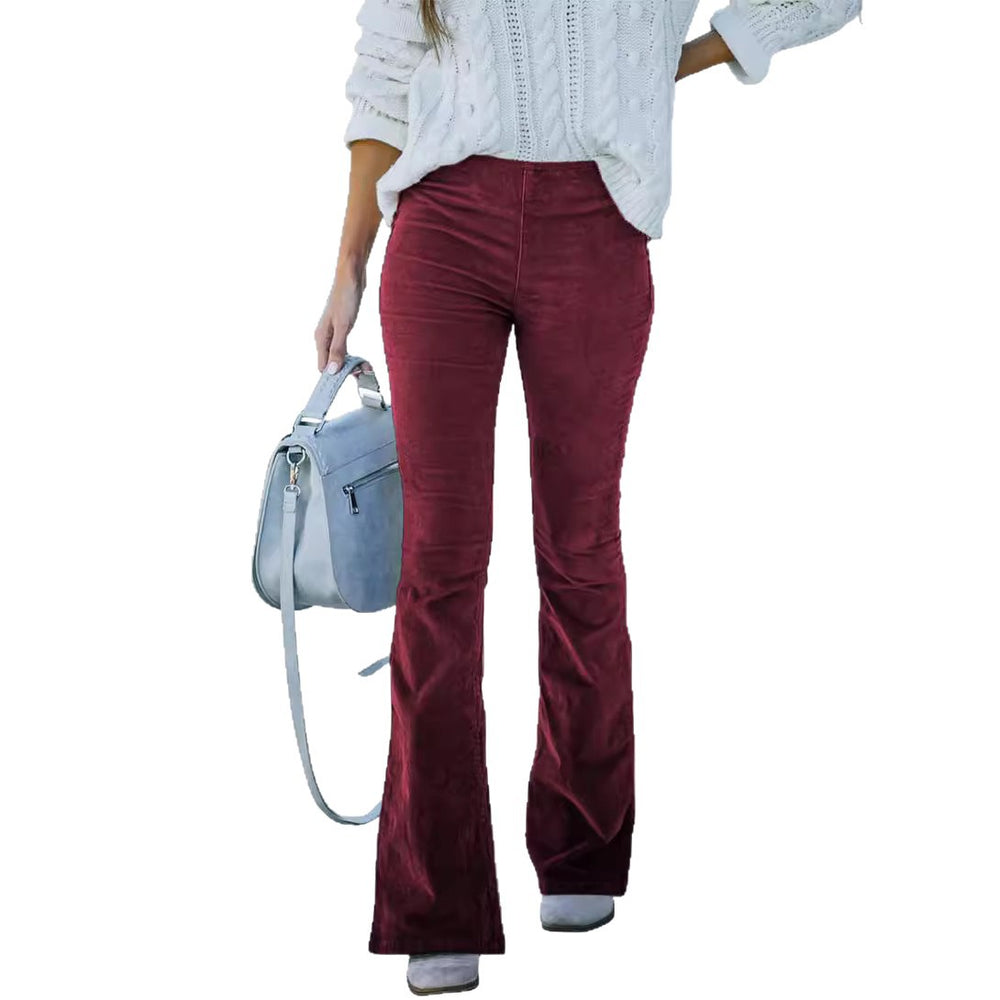 2025 spring/summer women's solid color high-waisted slim-fit cropped flare pants corduroy elastic waist casual trousers