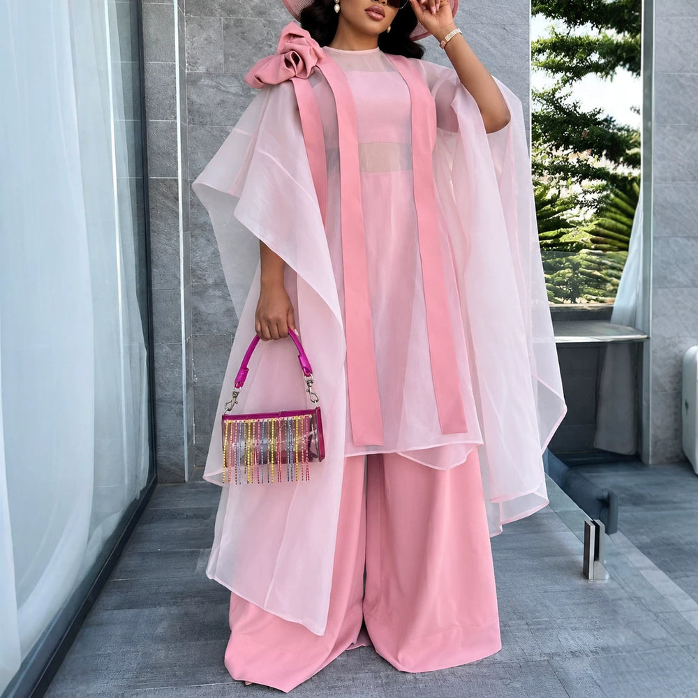 Trendy african-inspired loose sheer top & wide-leg pants set - pink robe two-piece outfit for parties & weddings