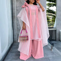 Trendy african-inspired loose sheer top & wide-leg pants set - pink robe two-piece outfit for parties & weddings