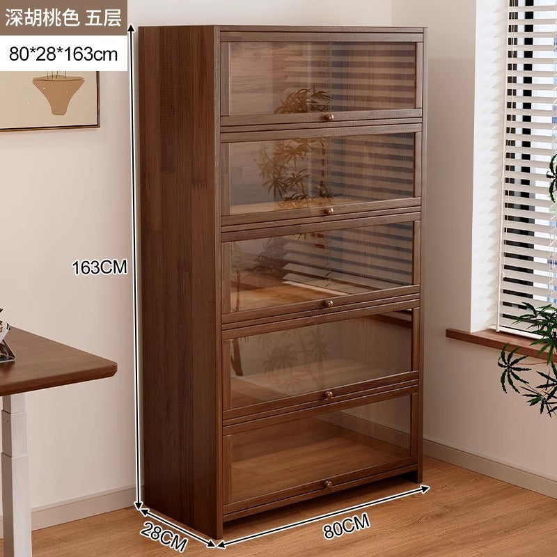 Solid wood dust-proof bookcase integrated against the wall Walnut color storage cabinet Locker Floor storage cabinet Household bookshelf
