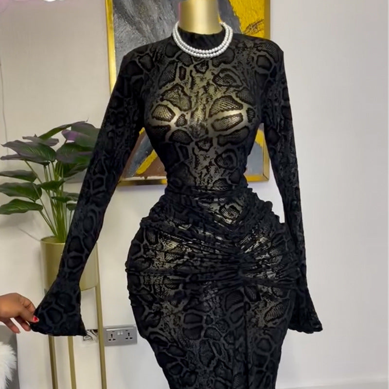 European and american women's clothing  summer new arrival: elegant half-high neck mesh long sleeve high-waisted bodycon mini dress