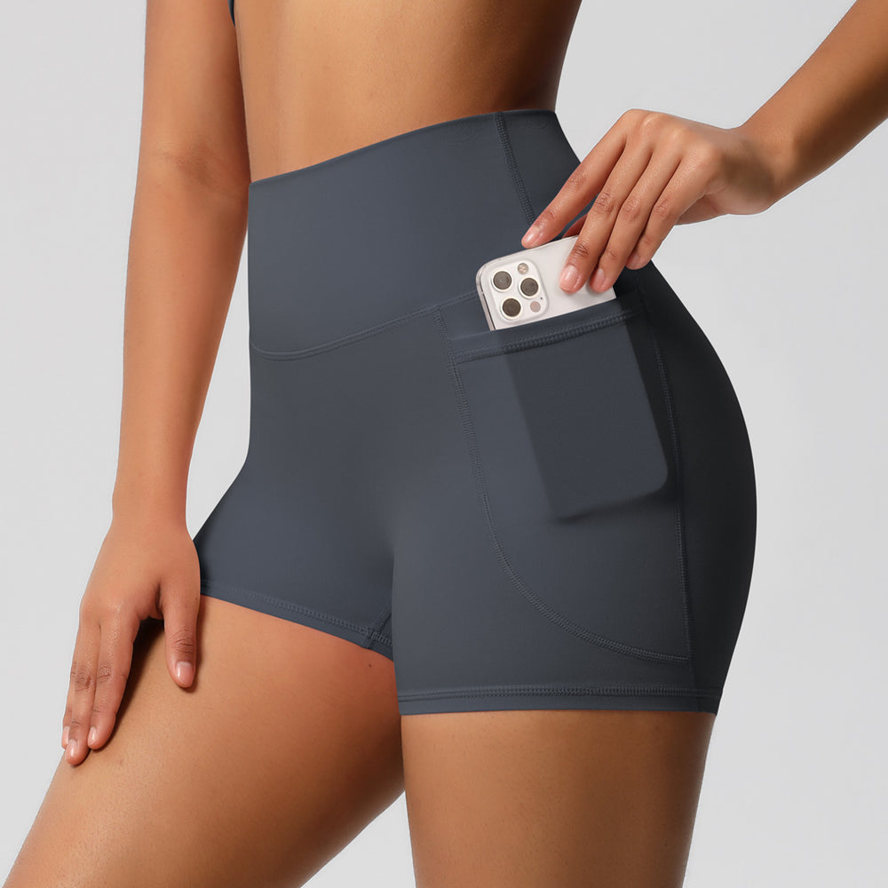 fashion brushed pure colorflap pocket pants high waist tight high elastic yoga shorts sports running fitness three-quarter pants for women