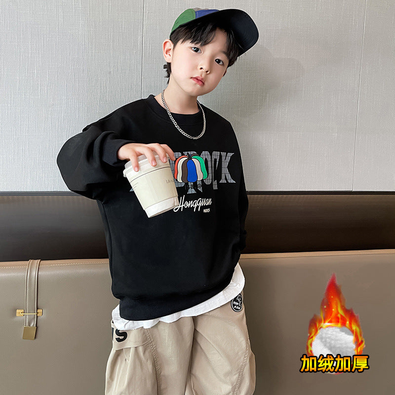 Kids'  autumn/winter fashion letter print loose fit casual fleece-lined sweatshirt - stylish and cool long sleeve for boys