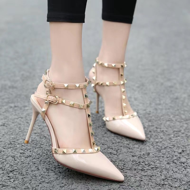 Studded high heel women's stiletto pumps - versatile & chic for summer 2024 - sexy pointed toe t-strap peep-toe rivet sandals