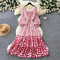 K-styleretro polka dot floral dress women's springlong sleevesv neck waist a-line skirtelegantslimming lookwork clothing skirt