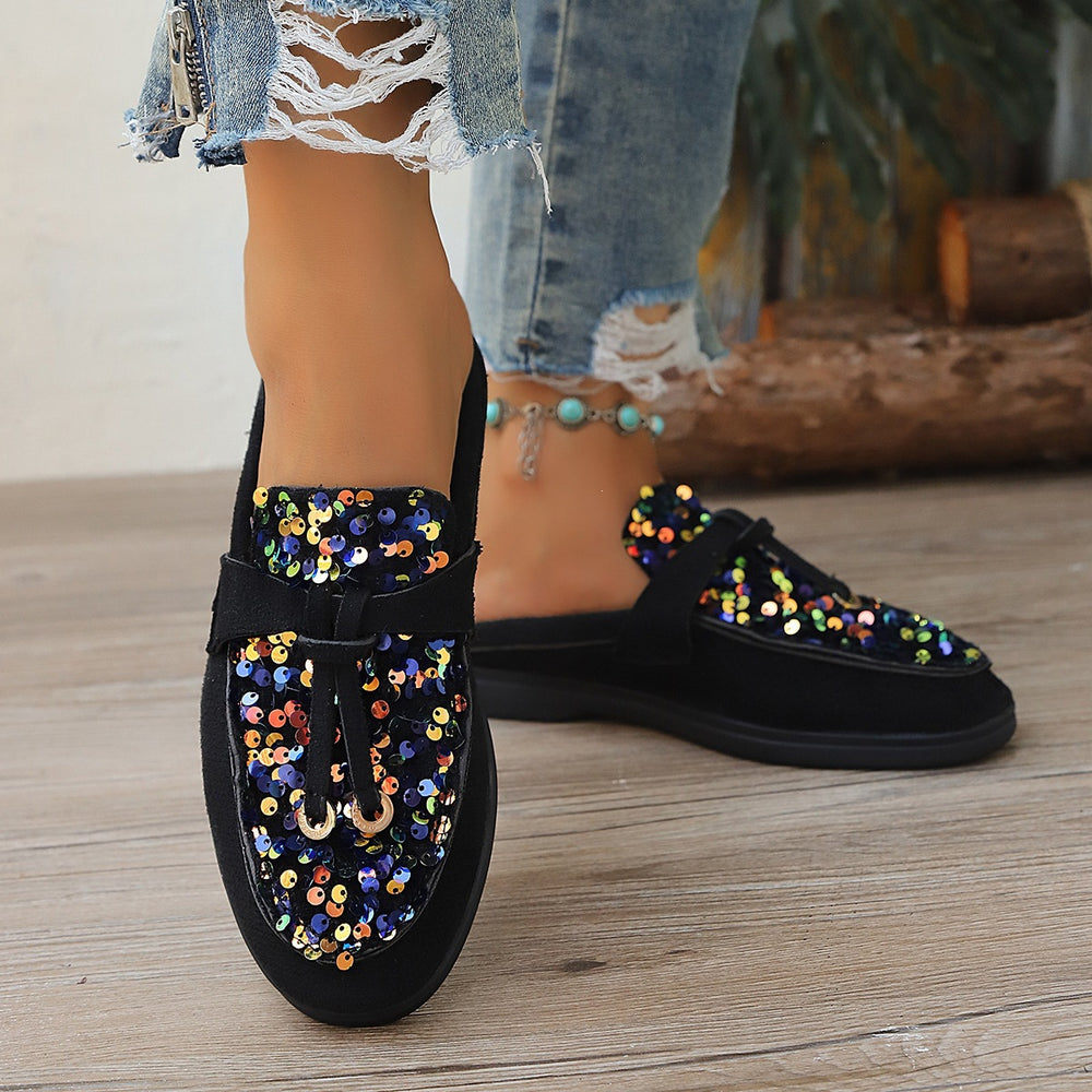 Plus size sequin flat slippers for women - soft sole, comfortable slip-on mules, stylish and versatile lazy shoes for outdoor wear