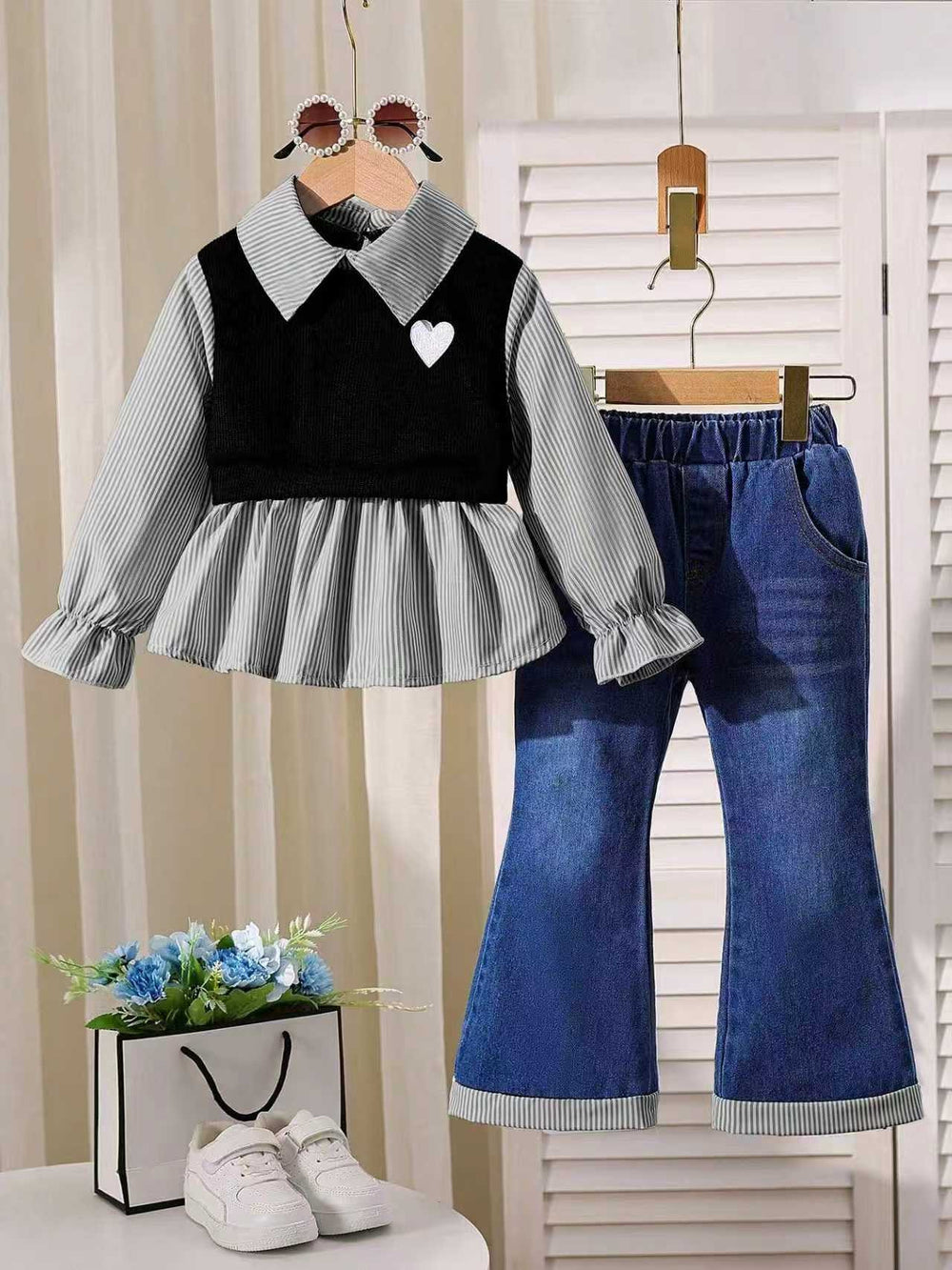 new autumn cross-border girls' collared shirt with patchwork top + denim flare pants two-piece set