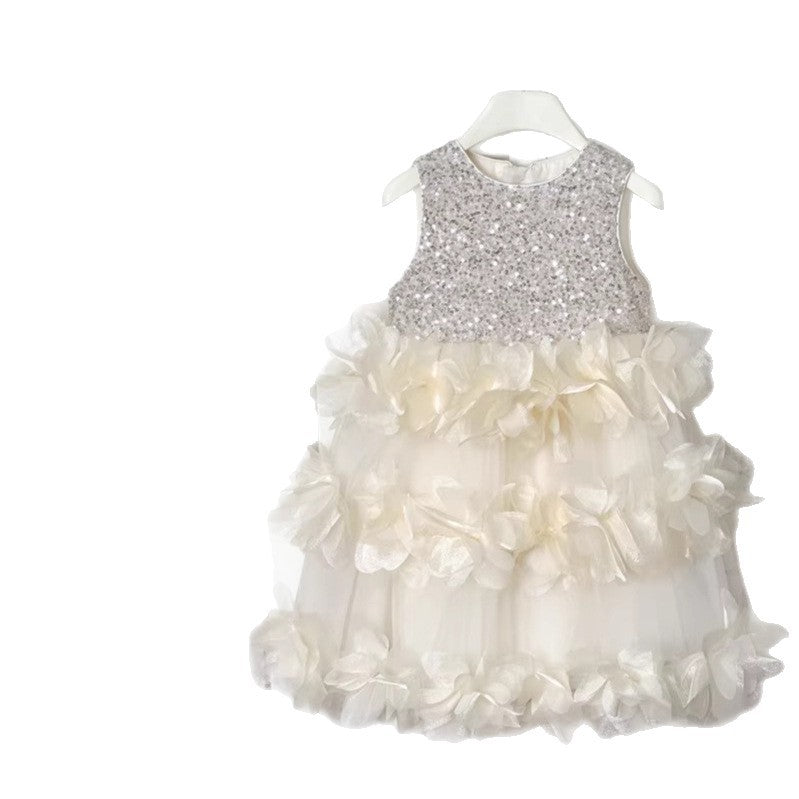 summer girls' dress petal hem high-end formal gown sequined sleeveless soft tulle vest princess dress wholesale
