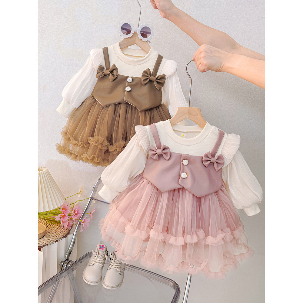 Spring girls' dress  new mesh long sleeve spring korean style fashion solid color chic baby girl dress