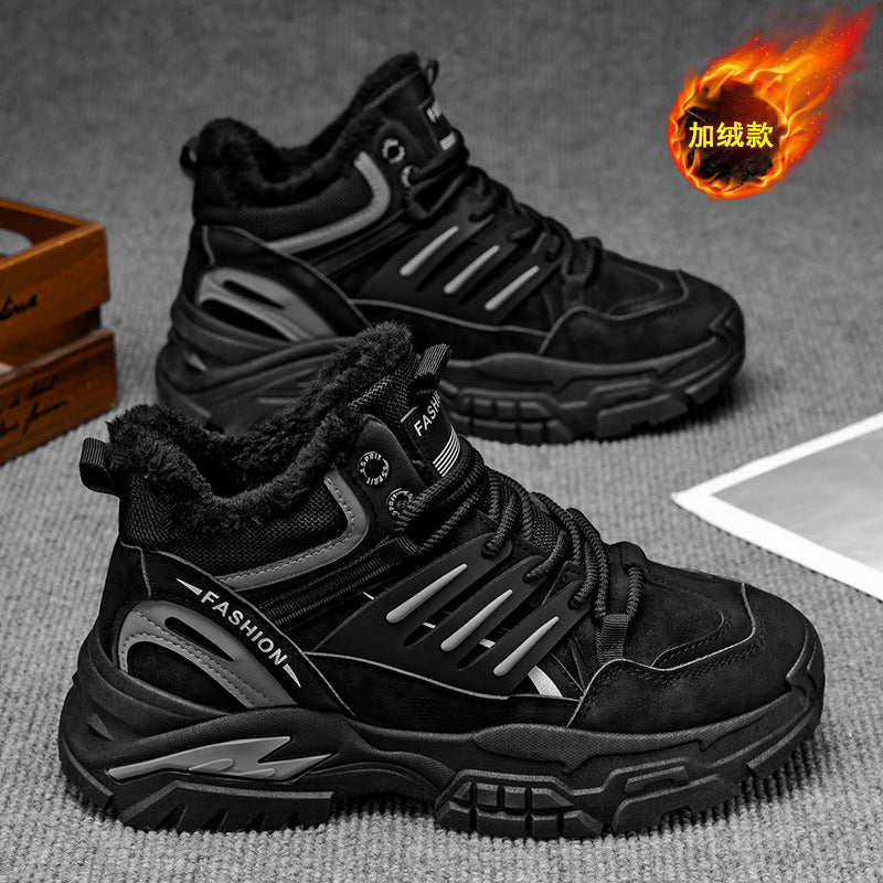 Men's winter fleece-lined warm cotton shoes, thick-soled work shoes, non-slip outdoor sports casual hiking martin boots, trendy footwear