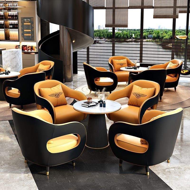 Minimalist commercial reception area casual sofa small round table set hotel reception negotiation table and chairs business leather sofa
