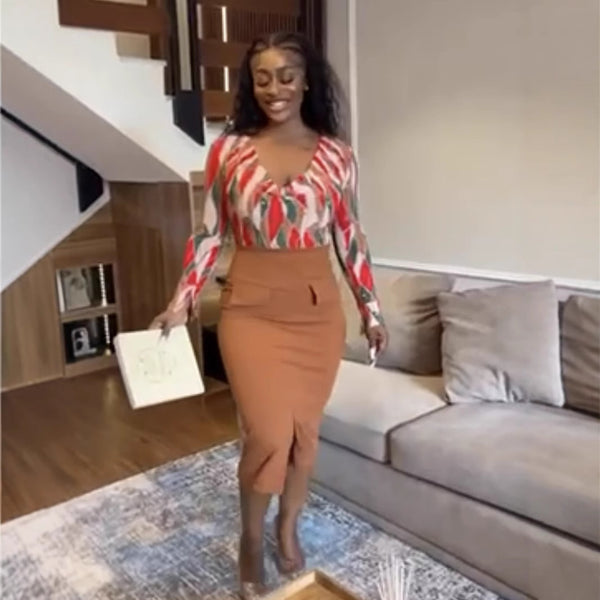 Foreign trade  European and American women's clothing   new printed long-sleeved top pocket split skirt set