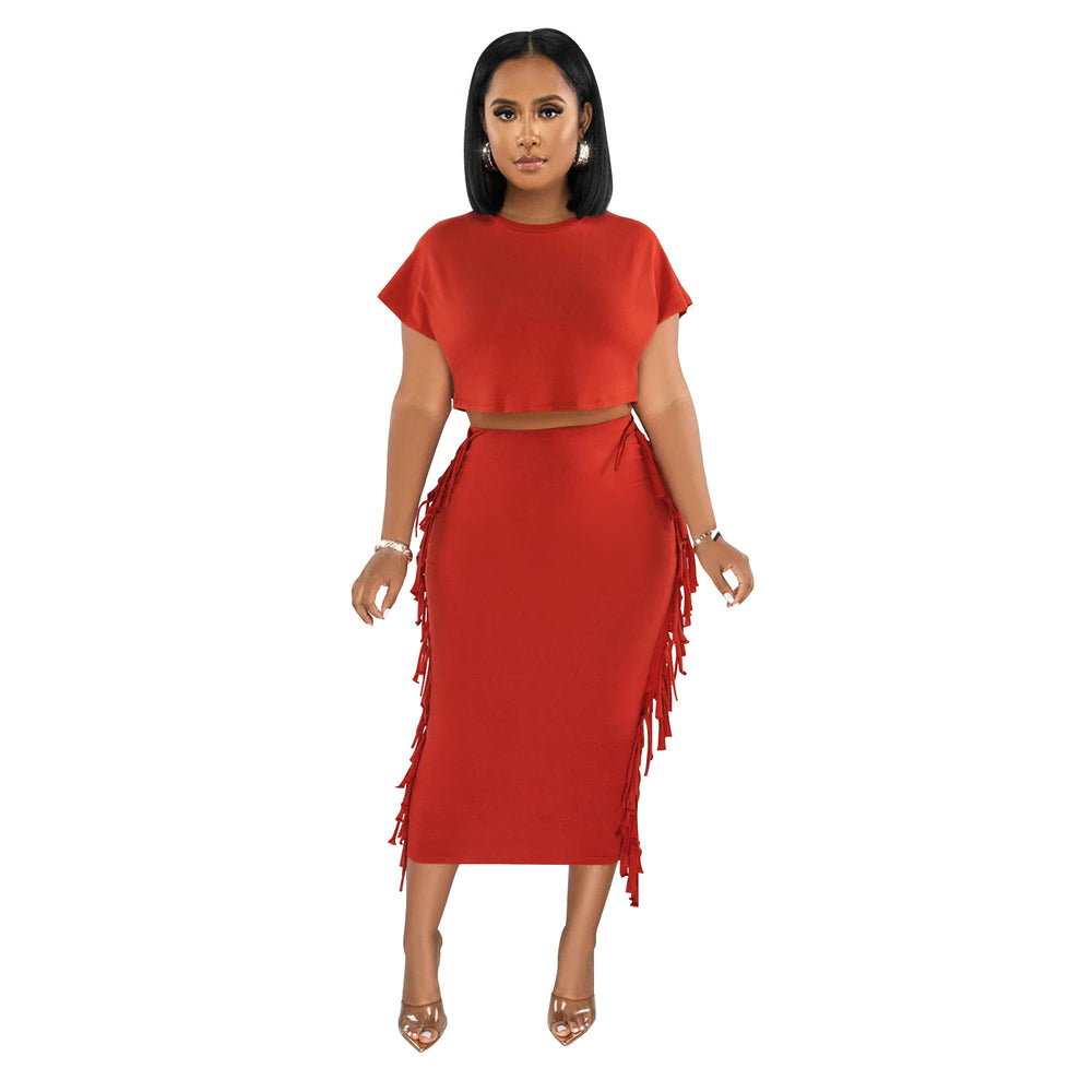 X6331 cross-border   fashion women's solid color tassel crew neck short sleeve maxi dress two-piece set