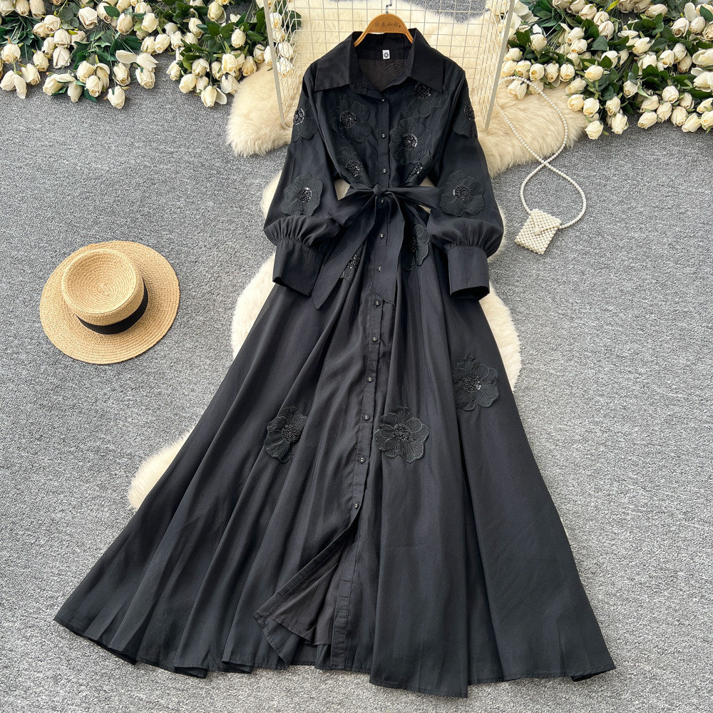 Frenchelegant heavy industry flower embroiderlong sleevesdress women's summerk-style strap waist slimming lookelegant long skirt