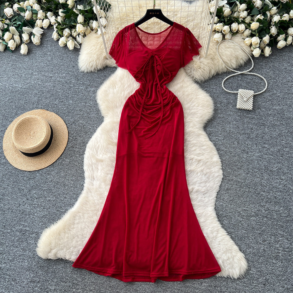 Lightly mature elegance style red short-sleeved dress female summer k-style pleated a-line long skirt work clothingslimming lookelegant skirt