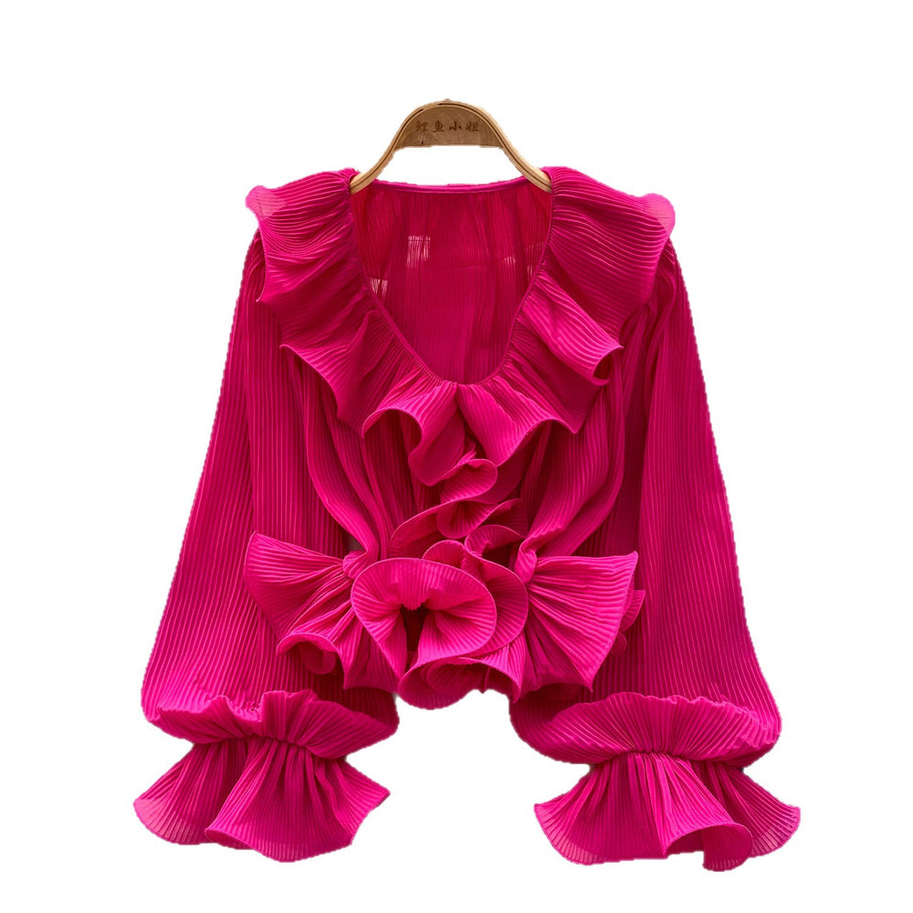 French chic v-neck ruffle trim pleated blouse - women's spring/summer long sleeve, versatile and stylish design top