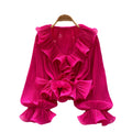 French chic v-neck ruffle trim pleated blouse - women's spring/summer long sleeve, versatile and stylish design top