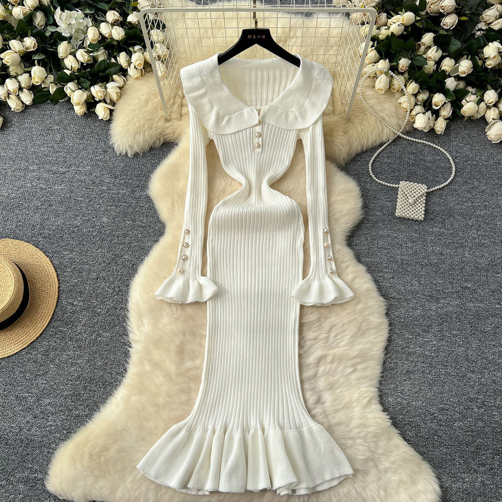 Ruffle trim knit dress - new autumn/winter sweater dress -  vintage lady european & american cross-border french style dress