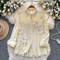 European and american style striped long-sleeve shirt for women - summer, 3d floral appliqué, diamond embellished, loose fit, mature & chic, boss lady top