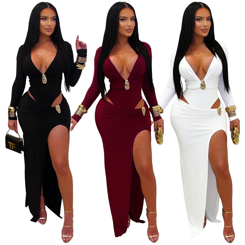 C7631 cross-border   fashion women's sexy v-neck solid color long sleeve bodycon dress