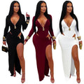 C7631 cross-border   fashion women's sexy v-neck solid color long sleeve bodycon dress