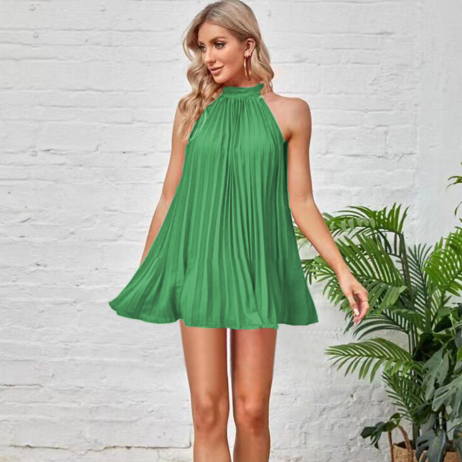 Amazon-chic, european and american style,  spring new arrival: solid color, off-the-shoulder, pleated, stand-up collar, tie-up, sleeveless dress