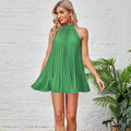 Amazon-chic, european and american style,  spring new arrival: solid color, off-the-shoulder, pleated, stand-up collar, tie-up, sleeveless dress