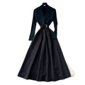 French chic mature woman's high-end v-neck long sleeve patchwork tie-waist dress - elegant inner layer maxi dress