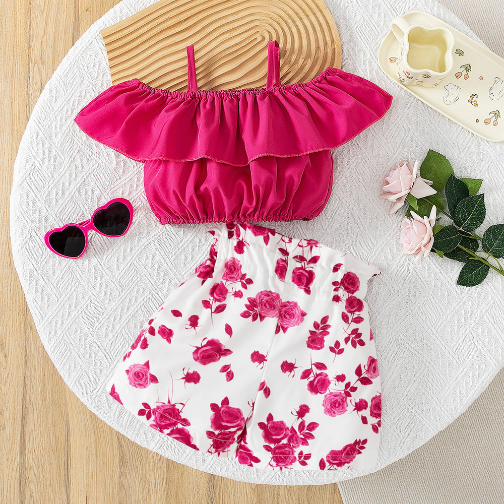 cross-border new arrival: girls' elegant solid color camisole off-the-shoulder waist-cinching top + shorts set