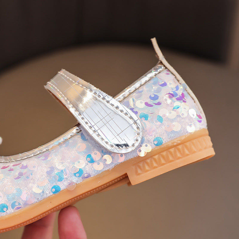 Girls'  spring new collection: sparkling soft-soled princess leather shoes for mid-to-large children - wholesale direct from the manufacturer, featuring hook-and-loop fasteners
