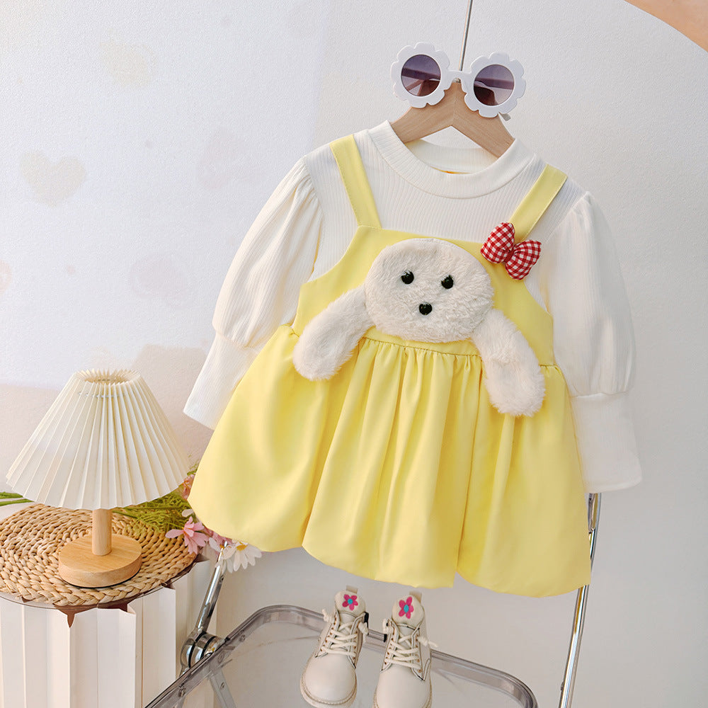 Girls' sweet & cute stylish long-sleeve dress -  new korean style faux two-piece princess dress for toddlers and young children