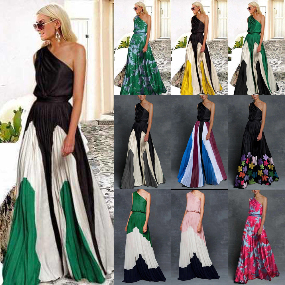 spring/summer new women's clothing  foreign trade style color block off-shoulder printed dress slim fit maxi dress