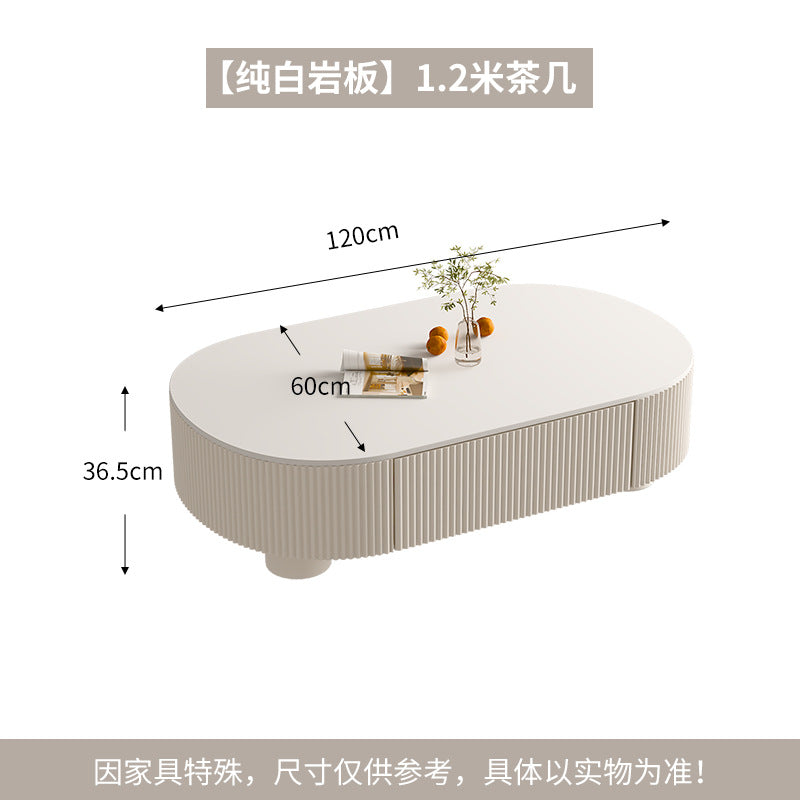 Cream oval rock slab coffee table - new living room design for small spaces, modern minimalist, high-end light luxury with storage