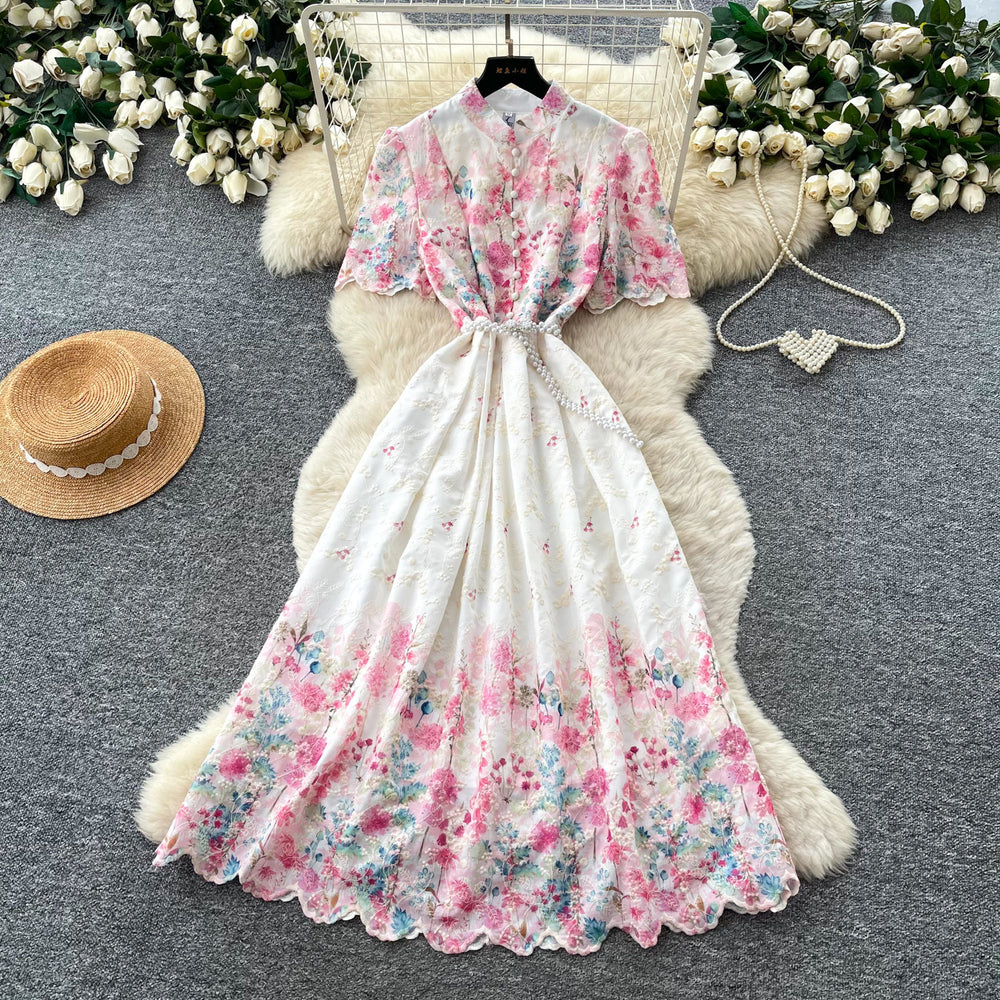 Vintage floral hollow-out short sleeve lace embroidery dress - women's summer high-waisted a-line maxi dress - slimming and elegant