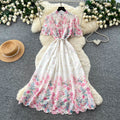 Vintage floral hollow-out short sleeve lace embroidery dress - women's summer high-waisted a-line maxi dress - slimming and elegant