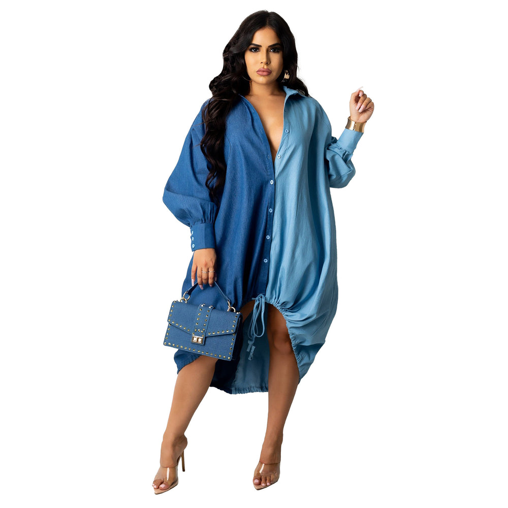 fall/winter hot seller: women's fashion oversized denim shirt dress with asymmetrical color blocking