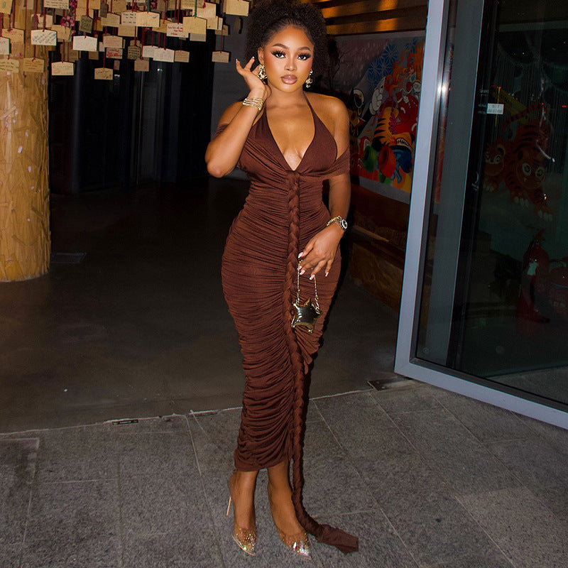 Fashion style insexport design fashion women's one-step pure color hip skirt halterneckv neck wrapped chest longdress