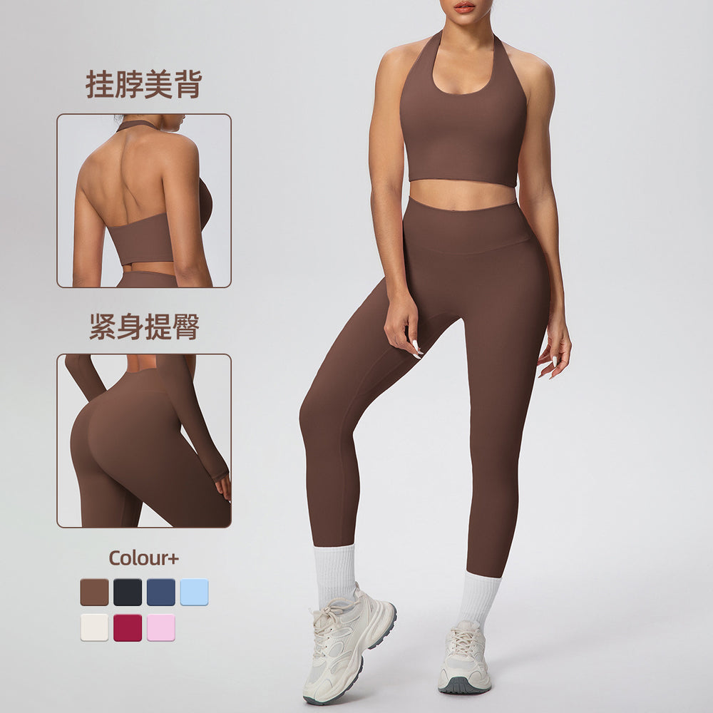 New arrival cross-border pure color double-sided brushed halter nine-point pants yoga suit sports running fitness two-piece set for women