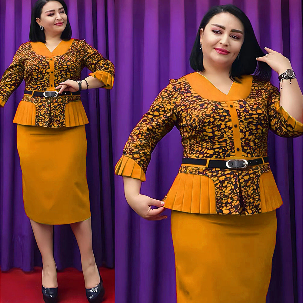 African  professional women's clothing plus size curvy tiktok cross-border foreign trade faux two-piece printed dress