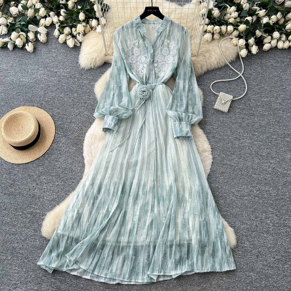 French romantic lantern sleeve printed dress - women's summer a-line maxi dress with cinched waist and tie detail - high-end and elegant