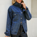European and american cross-border e-commerce  asymmetrical slant placket metal buckle multi-pocket drop shoulder washed denim jacket for women