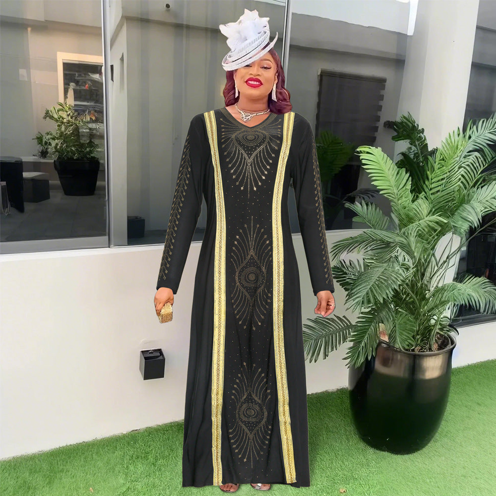 African  spring women's clothing   gold embroidery hotfix rhinestone beaded v-neck dress