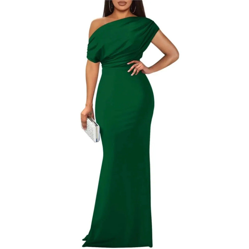 cross-border e-commerce dress: new summer women's fashionable one-shoulder solid color pleated waist dress