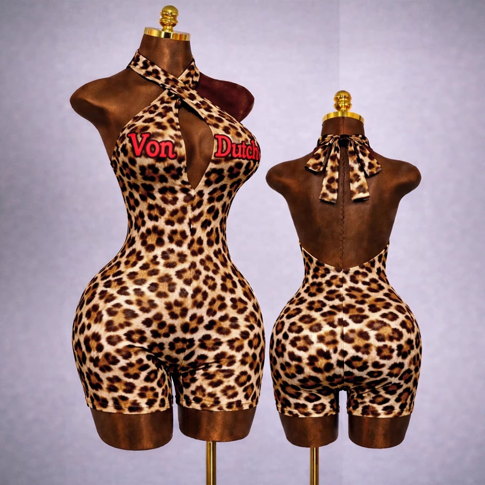 Hr26105 european and american fashion women's criss-cross halter deep v backless romper with letter print