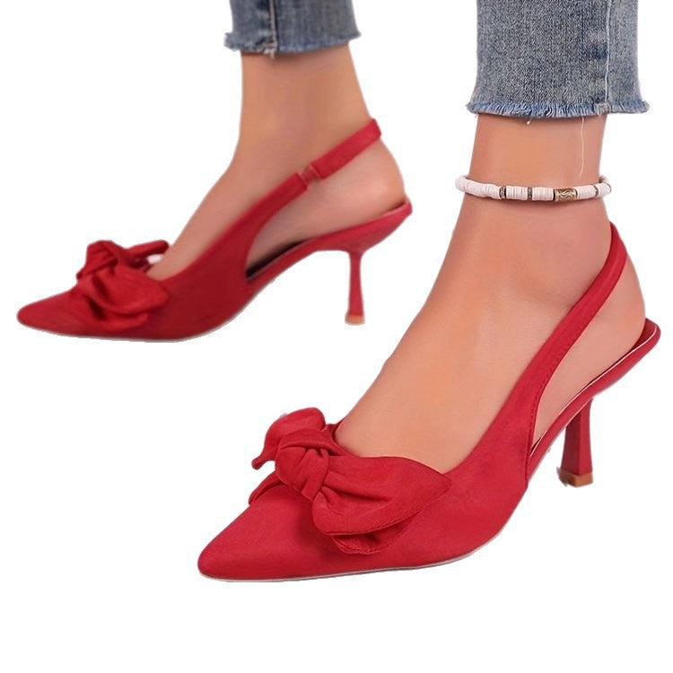 French retro satin bow pointed-toe high heels - ankle strap stiletto heels for work and banquets - cross-border exclusive