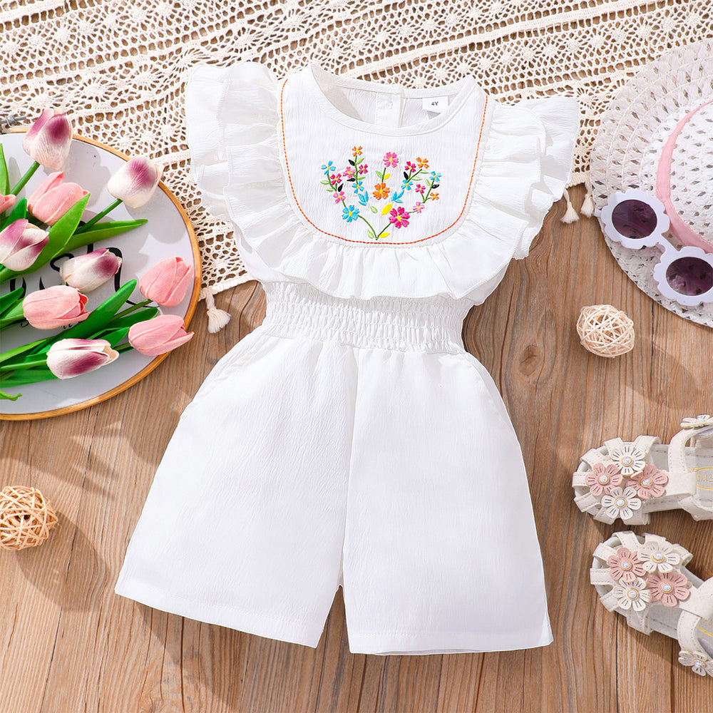 Girls' (toddler) romper, summer round neck embroidered smocked romper