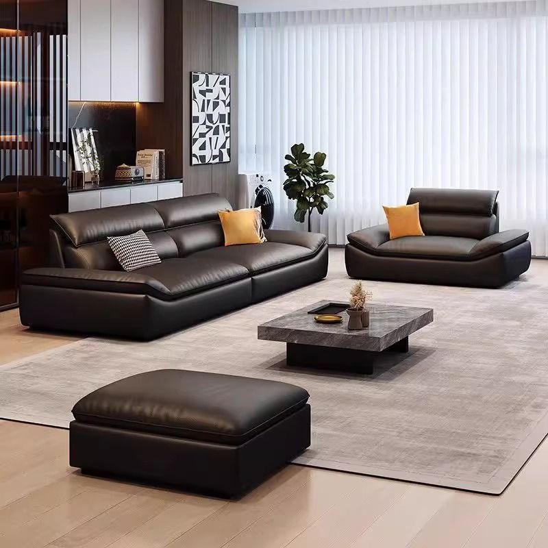 Italian normcore black sailboat genuine leather sofa modern casual living room lazy sofa accessible luxury house straight row sofa