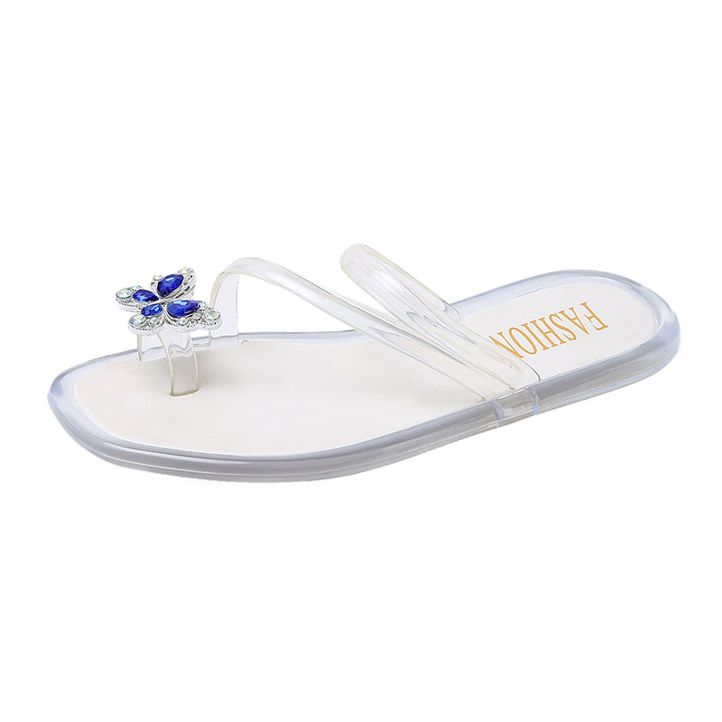 New fashion transparent sapphire butterfly flip-flops women's summer outwear new crystal non-slip popular beach flip-flops