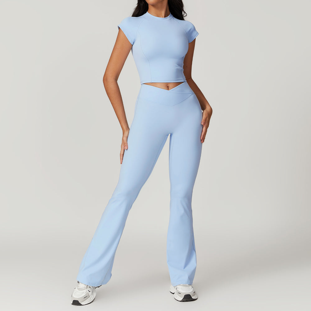 Eco-friendly recycled compression quick-dry yoga set - activewear running short sleeve set with racerback design - women's fitness apparel 8799