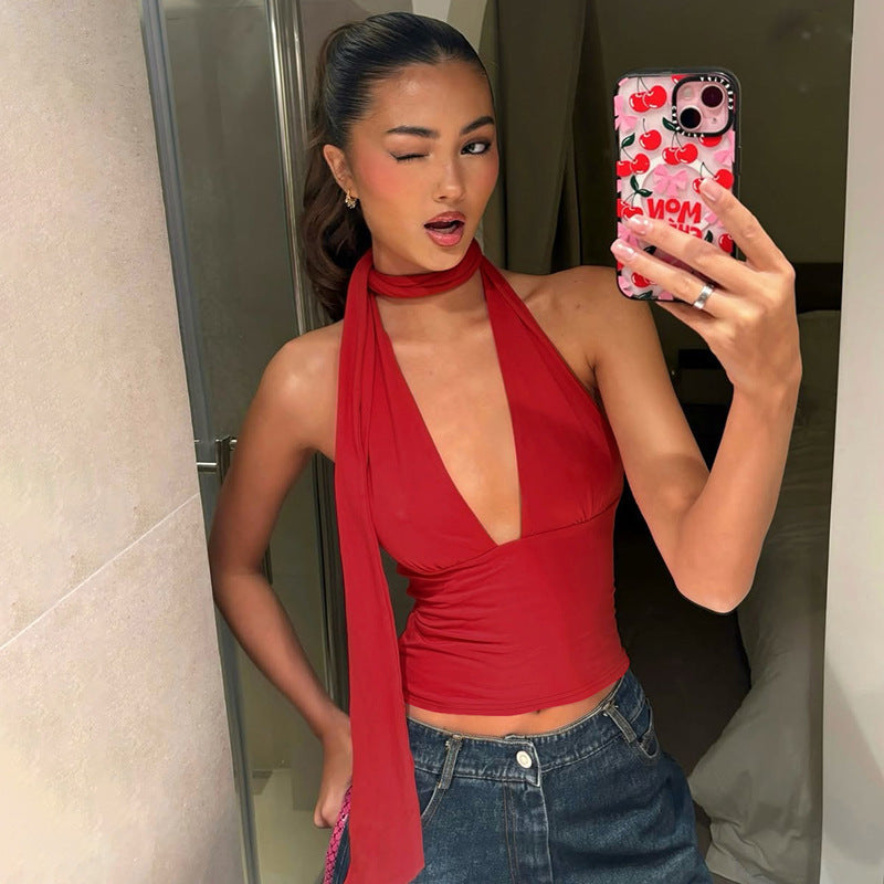 summer hot-selling european and american cross-border women's fashion: solid color sexy deep v backless slim-fit camisole top with tie neck
